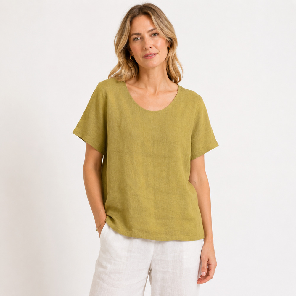 FLAX Fundamental Tee S Citron 100% Linen Relaxed Short Sleeve Top